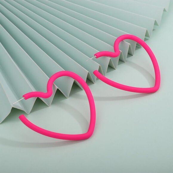 Neon pink lightweight sterling silver hoop earrings with heart pendant, retro st - Picture 5 of 6